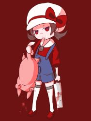 Rule 34 | 00s, 1girl, blood, brown hair, cleaver, creatures (company), eating, game freak, gen 1 pokemon, hat, holding, lyra (pokemon), nintendo, overalls, pokemon, pokemon (creature), pokemon hgss, red background, red eyes, ribbon, short twintails, simple background, slowpoke, thighhighs, twintails