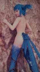 Rule 34 | 1girl, 3d, blue eyes, blue hair, convenient censoring, feathers, final fantasy, final fantasy xiv, highres, meteion, nude, solo, tail