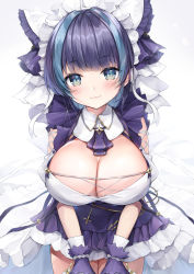 Rule 34 | 1girl, :3, aqua eyes, azur lane, blue eyes, blue hair, blunt bangs, blush, breasts, cheshire (azur lane), cleavage, closed mouth, commentary request, cowboy shot, cross, dress, frills, gedou (shigure seishin), hairband, headdress, highres, large breasts, looking at viewer, maid, maid headdress, multicolored hair, ribbon, short hair, short sleeves, simple background, skindentation, smile, solo, streaked hair, tagme, v arms, white background, white legwear, wrist cuffs