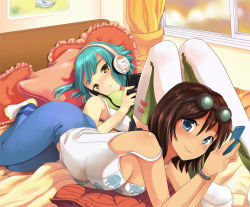 Rule 34 | 2girls, bed, blue eyes, blue hair, breasts, brown hair, cleavage, curtains, frilled pillow, frills, goggles, goggles on head, headphones, looking at viewer, lying, medium breasts, miss nips, missnips, multicolored clothes, multicolored legwear, multiple girls, on back, original, pants, pillow, smile, socks, sweatpants, window, yellow eyes