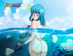 Rule 34 | 1girl, ass, blue sky, breasts, clothes pull, curvy, dragon ball, dragonball z, highleg, highleg swimsuit, huge ass, jellyfish, looking back, maron (dragon ball), naughty turtle (artist), nude, one-piece swimsuit, one-piece swimsuit pull, partially submerged, partially underwater shot, sky, swimsuit, tentacles, thick thighs, thighs, underwater, water, wedgie, yellow one-piece swimsuit
