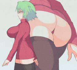 Rule 34 | 1girl, ass, ass focus, bare legs, black thighhighs, breasts, butt crack, commentary, from behind, from below, from side, green hair, hair between eyes, hikage (senran kagura), inkerton-kun, large breasts, long sleeves, looking away, multiple views, open mouth, panties, red panties, red sweater, ribbed sweater, senran kagura, shaded face, short hair, solo, sweater, symbol-only commentary, thighhighs, thighs, turtleneck, turtleneck sweater, underwear, upskirt, walking, yellow eyes, zettai ryouiki