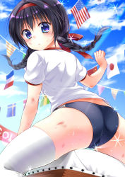 Rule 34 | 1girl, absurdres, american flag, ass, black hair, blue eyes, blue sky, blush, braid, buruma, closed mouth, cloud, cloudy sky, day, flag, flags of all nations, french flag, from behind, gym uniform, hair between eyes, hairband, hand up, highres, japanese flag, legs apart, lens flare, light rays, long hair, looking at viewer, looking back, moe2017, nora wanko, original, outdoors, pennant, people&#039;s republic of china flag, scrape, shirt, short sleeves, sky, solo, sparkle, sports festival, string of flags, sweat, sweatdrop, swiss flag, thighhighs, thighs, twin braids, vaulting horse, white shirt, white thighhighs