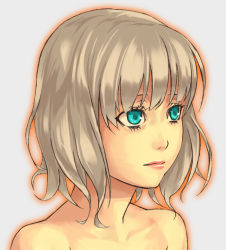 Rule 34 | 1girl, aqua eyes, bags under eyes, bare shoulders, blunt bangs, closed mouth, collarbone, eyelashes, light brown hair, lips, lipstick, makeup, mustard seeds, original, portrait, short hair, simple background, solo, upper body, white background, yuuji (and)