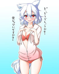 Rule 34 | 1girl, animal ears, blush, breasts, cleavage, collarbone, fang, gradient background, hand on own chest, highres, inubashiri momiji, looking at viewer, nintoku, open clothes, open mouth, red eyes, short hair, silver hair, smile, solo, standing, swimsuit, tail, touhou, translation request, wolf ears, wolf tail
