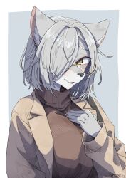 Rule 34 | 1girl, animal ears, animal nose, body fur, breasts, brown eyes, brown jacket, brown sweater, furry, furry female, glasses, grey background, grey hair, hand on own chest, highres, jacket, looking to the side, medium breasts, misotsuki ayabe, nail polish, open mouth, original, pink nails, short hair, smile, snout, solo, sweater, turtleneck, turtleneck sweater, vrchat, wolf ears, wolf girl
