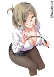 Rule 34 | 1girl, breasts, brown hair, ebifurya, folded ponytail, glasses, green eyes, highres, kantai collection, katori (kancolle), large breasts, light brown hair, looking at viewer, one-hour drawing challenge, pantyhose, parted bangs, pointer, rimless eyewear, simple background, skirt, tongue, tongue out, twitter username, white background