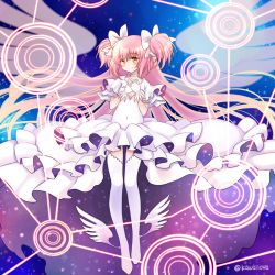 Rule 34 | 1girl, absurdly long hair, blush, bow, brown eyes, choker, covered navel, dress, floating clothes, foot wings, full body, gloves, hands on own chest, kaname madoka, kawanobe, long hair, looking at viewer, magic circle, mahou shoujo madoka magica, mahou shoujo madoka magica (anime), pink hair, short twintails, smile, solo, thighhighs, twintails, twitter username, two side up, ultimate madoka, very long hair, white bow, white dress, white gloves, white thighhighs