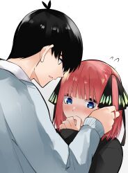 Rule 34 | 1boy, 1girl, absurdres, antenna hair, black cardigan, black hair, black ribbon, blue cardigan, blue eyes, blunt bangs, blush, butterfly hair ornament, cardigan, commentary request, covering own mouth, embarrassed, eyebrows hidden by hair, flying sweatdrops, full-face blush, go-toubun no hanayome, hair ornament, hair ribbon, hand to own mouth, hetero, highres, holding another&#039;s hair, looking at another, looking to the side, mame1645, nakano nino, nose blush, pink hair, raised eyebrows, ribbon, school uniform, shirt, short hair, simple background, sleeves past wrists, two side up, uesugi fuutarou, white background, white shirt