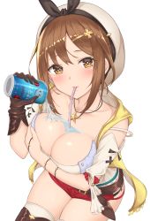 Rule 34 | 1girl, atelier (series), atelier ryza, atelier ryza 1, belt, breasts, brown belt, brown eyes, brown gloves, brown hair, brown thighhighs, bust cup, can, cleavage, collarbone, drink, drinking straw, gloves, hair ornament, hairclip, hat, highres, holding, holding can, jewelry, large breasts, necklace, nemunemu semi, red shorts, reisalin stout, short hair, short shorts, shorts, simple background, single glove, smile, solo, star (symbol), star necklace, thighhighs, white background, white hat, white thighhighs