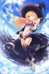 Rule 34 | 1girl, ;q, ankle boots, arm at side, bare shoulders, black hat, black legwear, blonde hair, blue sky, boots, breasts, closed mouth, cloud, cloudy sky, crescent, daria (shadowverse), day, dorothy (shadowverse), dorothy (shingeki no bahamut), extra eyes, from below, full body, grey footwear, hat, index finger raised, jewelry, kamome yuu, leg up, light particles, long hair, looking at viewer, microskirt, midair, midriff, navel, necklace, one eye closed, outdoors, panties, pendant, red eyes, shadowverse, shingeki no bahamut, skirt, sky, small breasts, solo, staff, stomach, tongue, tongue out, underwear, witch, witch hat