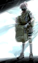 Rule 34 | 10s, 1girl, aqua eyes, backpack, bag, bike shorts, didloaded, flares, full body, gloves, hair ornament, kantai collection, knee pads, kneehighs, load bearing vest, looking at viewer, mask, neck ribbon, oxygen mask, parachute, paratrooper, pink hair, pleated skirt, ponytail, red ribbon, ribbon, shadow, shiranui (kancolle), shoes, short hair, skirt, socks, solo, standing, torpedo