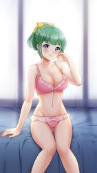 Rule 34 | 1girl, bed sheet, blue eyes, blunt bangs, blurry, blurry background, blush, bow, bra, breasts, cleavage, closed mouth, collarbone, doukyuusei another world, game cg, green hair, groin, hair bow, iijima miyuki, kakyuusei, large breasts, lingerie, navel, official art, panties, pink bra, pink panties, ponytail, short hair, sitting, smile, solo, thigh gap, underwear, underwear only, yellow bow
