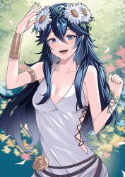 Rule 34 | 1girl, ameno (a meno0), armlet, bare shoulders, blue eyes, blue hair, blush, bracelet, breasts, cleavage, collarbone, dress, fire emblem, fire emblem awakening, fire emblem heroes, flower, hair between eyes, head wreath, highres, jewelry, long hair, looking at viewer, lucina (fire emblem), lucina (valentine) (fire emblem), medium breasts, nintendo, official alternate costume, open mouth, petals, sleeveless, sleeveless dress, smile, solo, teeth, white dress, white flower