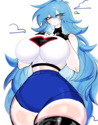Rule 34 | blue hair, blush, breasts, friday night funkin&#039;, hand on own chest, highres, huge breasts, long hair, looking at viewer, midriff, navel, pink eyes, shorts, sky (friday night funkin&#039;), thick thighs, thighhighs, thighs, usa37107692, very long hair, wide hips, zettai ryouiki