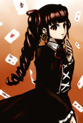 Rule 34 | 1girl, black dress, black hair, bow, card, celestia ludenberg, danganronpa: trigger happy havoc, danganronpa (series), dress, drill hair, earrings, eyebrows hidden by hair, female focus, frilled dress, frilled sleeves, frills, gold earrings, hair bow, hair ribbon, hand up, highres, jewelry, long hair, long sleeves, looking at viewer, neck, neck ribbon, nico (nico alice), nose, open mouth, playing card, prototype design, red background, red eyes, red ribbon, ribbon, simple background, smile, solo, standing, turning head, twin drills, upper body