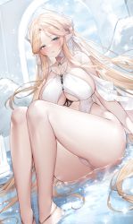 Rule 34 | 1girl, arch, azur lane, bare legs, blonde hair, blue eyes, blush, breasts, brest (azur lane), brest (marine muse) (azur lane), clothing cutout, dress, dutch angle, feet out of frame, hair ribbon, highres, knees up, large breasts, long hair, looking at viewer, parted bangs, parted lips, pointy ears, revealing clothes, ribbon, sitting, solo, sora 72-iro, sparkle, thighs, water, white dress, white ribbon