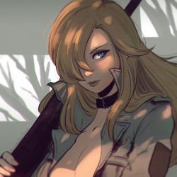 Rule 34 | 1girl, belt, blonde hair, blue eyes, breasts, choker, cleavage, closed mouth, dappled sunlight, eyelashes, female focus, gun, h&amp;k psg1, hair over one eye, high collar, jacket, koyorin, large breasts, lipstick, long hair, looking away, looking to the side, makeup, metal gear (series), metal gear solid, rifle, shade, sniper rifle, sniper wolf, solo, sunlight, upper body, watermark, weapon, web address, yellow lips