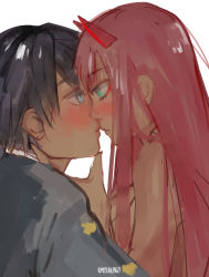 Rule 34 | 10s, 1boy, 1girl, absurdres, black hair, blue eyes, blush, commentary, couple, darling in the franxx, face-to-face, fringe trim, green eyes, highres, hiro (darling in the franxx), horns, long hair, looking at another, military, military uniform, oni horns, pink hair, red horns, rempeyekacang, short hair, signature, uniform, zero two (darling in the franxx)