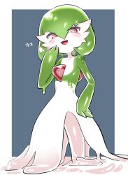 Rule 34 | 1girl, absurdres, alternate species, blue background, blush, bob cut, border, bright pupils, colored skin, creatures (company), ddingyong, dripping, female focus, game freak, gardevoir, gen 3 pokemon, green hair, green skin, hair between eyes, hand on own hip, hand up, happy, highres, looking at viewer, monster girl, multicolored skin, nintendo, ojou-sama pose, open mouth, outside border, pokemon, pokemon (creature), red eyes, shiny skin, short hair, simple background, slime (substance), slime girl, smile, solo, standing, two-tone skin, white border, white pupils, white skin