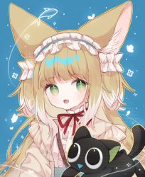 Rule 34 | 1girl, :d, animal ears, arknights, black cat, blonde hair, blue background, blue hairband, blush, cat, fox ears, fox girl, frilled hairband, frills, green eyes, hairband, highres, long sleeves, looking at viewer, luo xiaohei, multicolored hair, neck ribbon, official alternate costume, open mouth, red ribbon, ribbon, shirt, simple background, smile, soja6255, solo, streaked hair, suzuran (arknights), suzuran (spring praise) (arknights), luo xiaohei zhanji, triangle mouth, upper body, white hair, white shirt