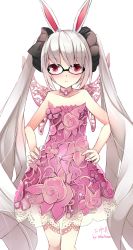 Rule 34 | 10s, 1girl, animal ears, bad id, bad pixiv id, blade &amp; soul, rabbit ears, dress, glasses, hands on own hips, highres, long hair, lyn (blade &amp; soul), pink dress, red eyes, sheltea, silver hair, solo, twintails, very long hair, wings