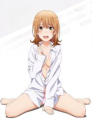 Rule 34 | 1girl, blush, breasts, brown hair, cleavage, collared shirt, isshiki iroha, legs, looking at viewer, medium breasts, official art, open clothes, open mouth, open shirt, panties, shirt, simple background, sitting, smile, solo, thighs, topless, underwear, white shirt, yahari ore no seishun lovecome wa machigatteiru., yellow eyes