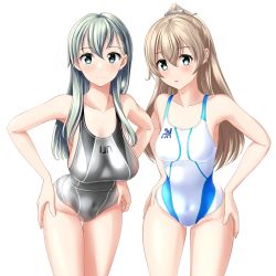 Rule 34 | 2girls, absurdres, clothes writing, competition swimsuit, cowboy shot, green eyes, grey one-piece swimsuit, hair ornament, hairclip, hands on own hips, highres, kantai collection, kumano (kancolle), leaning forward, long hair, looking at viewer, multicolored clothes, multicolored swimsuit, multiple girls, one-piece swimsuit, silver hair, simple background, suzuya (kancolle), swimsuit, takafumi, umbrella, white background, white one-piece swimsuit
