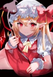 Rule 34 | 1girl, black background, blonde hair, blush, bow, crystal, earrings, flandre scarlet, hat, hat bow, holding, holding polearm, holding weapon, jewelry, laevatein (touhou), light smile, looking at viewer, lying, mob cap, nail polish, on side, one side up, pointy ears, polearm, red bow, red eyes, red nails, sakizaki saki-p, simple background, solo, touhou, weapon, white hat, wings, wrist cuffs