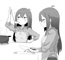 Rule 34 | 1girl, ahoge, apron, blush, check commentary, commentary request, cooking, cutting board, flat chest, greyscale, hair between eyes, holding, holding knife, holding ladle, hood, hoodie, idolmaster, idolmaster million live!, kitchen knife, knife, ladle, long hair, long sleeves, looking at another, minazuki tooru, mochizuki anna, monochrome, multiple views, onion, sidelocks, sideways glance, sleeves pushed up, soup ladle, sparkle, steam, table, upper body, v-shaped eyebrows, white background