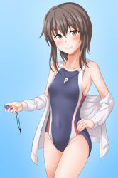 Rule 34 | 1girl, anti (untea9), black one-piece swimsuit, blue background, breasts, brown eyes, brown hair, competition swimsuit, covered navel, cowboy shot, gradient background, hair between eyes, highleg, highleg swimsuit, highres, kantai collection, looking at viewer, one-piece swimsuit, pocket watch, small breasts, solo, swimsuit, taihou (kancolle), watch, whistle, whistle around neck