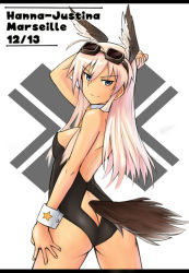 Rule 34 | 1girl, animal ears, ass, ass cutout, bad id, bad pixiv id, bare back, bare legs, bare shoulders, bird tail, blonde hair, blue eyes, blush, breasts, butt crack, clothing cutout, detached collar, from behind, goggles, hand on own thigh, hand on thigh, hanna-justina marseille, head wings, leotard, long hair, looking at viewer, looking back, nontraditional playboy bunny, pink hair, playboy bunny, small breasts, smile, solo, strike witches, tail, tail through clothes, ulrich (tagaragakuin), wings, witches of africa, world witches series, wrist cuffs