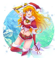 Rule 34 | 1girl, blonde hair, boots, breasts, christmas, cleavage, commentary, gloves, hat, highres, iesupa, long hair, navel, prosthesis, prosthetic arm, purple eyes, rwby, sack, santa boots, santa costume, santa gloves, santa hat, shorts, snowflakes, snowing, solo, thighhighs, yang xiao long