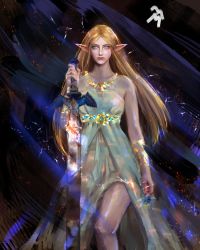 Rule 34 | 1girl, abstract background, absurdres, armband, blonde hair, closed mouth, dress, elf, feet out of frame, flower, gold necklace, green eyes, highres, holding, holding weapon, huge filesize, jewelry, long hair, looking at viewer, marthhh, master sword, multicolored background, necklace, nintendo, pointy ears, princess zelda, signature, silent princess, solo, sparkle, sparks, sword, the legend of zelda, the legend of zelda: breath of the wild, weapon, white dress