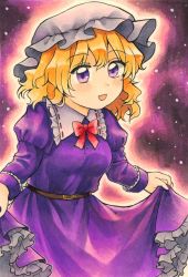 Rule 34 | 1girl, belt, blonde hair, blush, bow, brown belt, collared dress, commentary request, dress, frilled dress, frills, hat, long sleeves, maa (forsythia1729), marker (medium), mob cap, open mouth, purple dress, purple eyes, red bow, skirt hold, touhou, traditional media, wavy hair, white hat