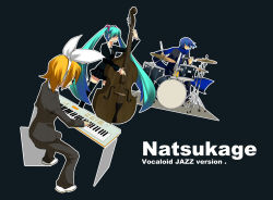 Rule 34 | bass guitar, double bass, drum, drum set, gyari (imagesdawn), hatsune miku, highres, instrument, kagamine rin, kaito (vocaloid), keyboard, keyboard (instrument), no eyes, sunglasses, synthesizer, twintails, vocaloid