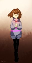 Rule 34 | androgynous, bad id, bad twitter id, black pantyhose, brown hair, closed eyes, frisk (undertale), full body, gender request, glowing, gradient background, heart, highres, koyashaka, open mouth, own hands clasped, own hands together, pantyhose, shorts, signature, simple background, solo, standing, striped clothes, striped sweater, sweater, undertale
