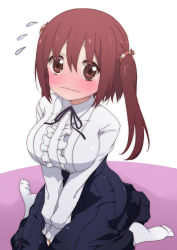Rule 34 | 10s, 1girl, absurdres, blush, breasts, brown eyes, brown hair, dress, ebina nana, embarrassed, female focus, flying sweatdrops, from above, highres, himouto! umaru-chan, large breasts, long hair, long skirt, long sleeves, looking at viewer, looking up, meme attire, pantyhose, puroheshi, shirt, simple background, sitting, skirt, solo, twintails, virgin killer outfit, wariza, wavy mouth