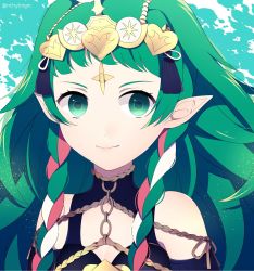 Rule 34 | 1girl, bad id, bad twitter id, braid, closed mouth, crml orng, fire emblem, fire emblem: three houses, green eyes, green hair, highres, long hair, matching hair/eyes, multicolored hair, nintendo, pointy ears, portrait, smile, solo, sothis (fire emblem), tiara, twin braids, twitter username