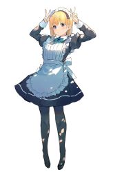 Rule 34 | 1girl, absurdres, apron, black footwear, black pantyhose, blonde hair, bow, bowtie, commentary, double v, english commentary, full body, green bow, green bowtie, highres, looking at viewer, maid, maid apron, maid headdress, original, pantyhose, purple eyes, ryou (ponpgo), short hair, simple background, solo, v, white background