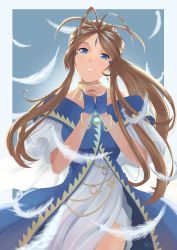 Rule 34 | 1girl, aa megami-sama, absurdres, belldandy, blander mc, blue dress, blue eyes, border, bracelet, brown hair, collarbone, cowboy shot, dress, facial mark, feathers, floating hair, grin, head tilt, highres, jewelry, long hair, looking at viewer, outside border, own hands clasped, own hands together, parted bangs, ring, side slit, smile, solo, standing, very long hair, white border, white dress, white feathers