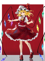 Rule 34 | 1girl, ascot, blonde hair, border, breasts, collared shirt, crystal, flandre scarlet, frilled skirt, frills, full body, gradient background, happy, hat, hat ribbon, head tilt, highres, looking at viewer, medium hair, mob cap, multicolored wings, one side up, open mouth, psyren2, red background, red eyes, red footwear, red ribbon, red skirt, red vest, reflection, ribbon, shirt, short sleeves, simple background, skirt, skirt set, small breasts, socks, solo, standing, teeth, touhou, vest, white border, white hat, white shirt, white socks, wings, yellow ascot