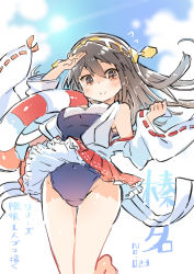 Rule 34 | 10s, 1girl, alternate costume, brown eyes, brown hair, gradient background, hairband, haruna (kancolle), innertube, kantai collection, long hair, looking at viewer, school swimsuit, sketch, smile, sodapop (iemaki), solo, swim ring, swimsuit, translation request