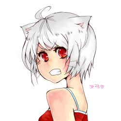 Rule 34 | 1girl, animal ears, dog, female focus, inubashiri momiji, personification, red eyes, scowl, simple background, solo, tagme, touhou, upper body, white background, white hair