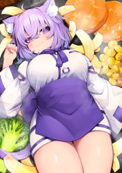 Rule 34 | 1girl, :3, ahoge, animal ear fluff, animal ears, apron, breasts, broccoli, cat ears, closed mouth, commentary request, corn, cowboy shot, dress, eyes visible through hair, food, hair between eyes, hand up, highres, hololive, hototogisu (hot to gis), large breasts, long sleeves, looking at viewer, lying, medium hair, nekomata okayu, on back, purple apron, purple eyes, purple hair, solo, virtual youtuber, white dress