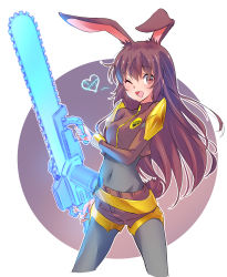 Rule 34 | 1girl, ;d, absurdres, animal ears, armor, belt, black bodysuit, blush, bodysuit, breasts, brown eyes, brown hair, chainsaw, commentary request, covered navel, cowboy shot, crop top, cropped legs, energy weapon, facing viewer, faunus (rwby), hand up, happy, heart, heart print, highres, holding, holding chainsaw, holding weapon, iesupa, long hair, looking at viewer, matching hair/eyes, medium breasts, navel, navel visible through clothes, one eye closed, open mouth, pauldrons, rabbit ears, rabbit girl, rabbit tail, rwby, shorts, shoulder armor, smile, solo, spoken heart, standing, tail, tongue, velvet scarlatina, weapon, white background, wink, zipper, zipper pull tab