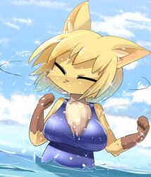 Rule 34 | 1girl, animal ear fluff, animal ears, blonde hair, blue one-piece swimsuit, blue sky, breasts, closed eyes, cloud, commentary request, day, dutch angle, fox ears, fox girl, furry, furry female, large breasts, lets0020, medium bangs, ocean, one-piece swimsuit, open mouth, original, short hair, skirt, sky, solo, swimsuit, upper body, water, yellow skirt