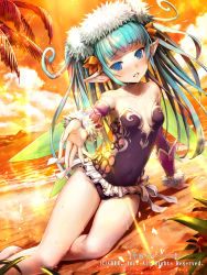 Rule 34 | 1girl, arm support, barefoot, black one-piece swimsuit, blue eyes, blue hair, blunt bangs, breasts, casual one-piece swimsuit, character request, cleavage, covered navel, day, detached sleeves, gabiran, hair ornament, long hair, looking at viewer, ocean, official art, one-piece swimsuit, orange sky, outdoors, outstretched arm, parted lips, pointy ears, seisen cerberus, sky, small breasts, solo, strapless, strapless one-piece swimsuit, sweatdrop, swimsuit, twintails