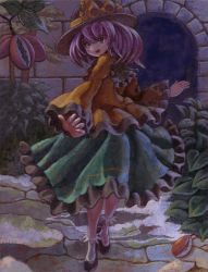 Rule 34 | 1girl, absurdres, alternate hair color, ankle socks, arch, blouse, branch, food, fruit, green eyes, hat, hat ribbon, highres, komeiji koishi, long sleeves, looking at viewer, looking back, oil painting (medium), open mouth, painting (medium), purple hair, ribbon, shirt, shoes, skirt, socks, solo, stone floor, stone wall, syuraime 0, touhou, traditional media, wall, wide sleeves