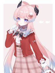 Rule 34 | 1girl, bag, belt, black bow, black bowtie, blue hair, bow, bow-shaped hair, bowtie, brown belt, closed mouth, colored tips, genshin impact, glove bow, gloves, half gloves, highres, holding, holding bag, jacket, jewelry, kino (curry pan), long hair, long sleeves, looking at viewer, multicolored eyes, multicolored hair, necklace, official alternate costume, pink hair, red bow, red jacket, sangonomiya kokomi, sangonomiya kokomi (sushiro), sidelocks, simple background, smile, solo, thick eyebrows, two-tone background, white gloves